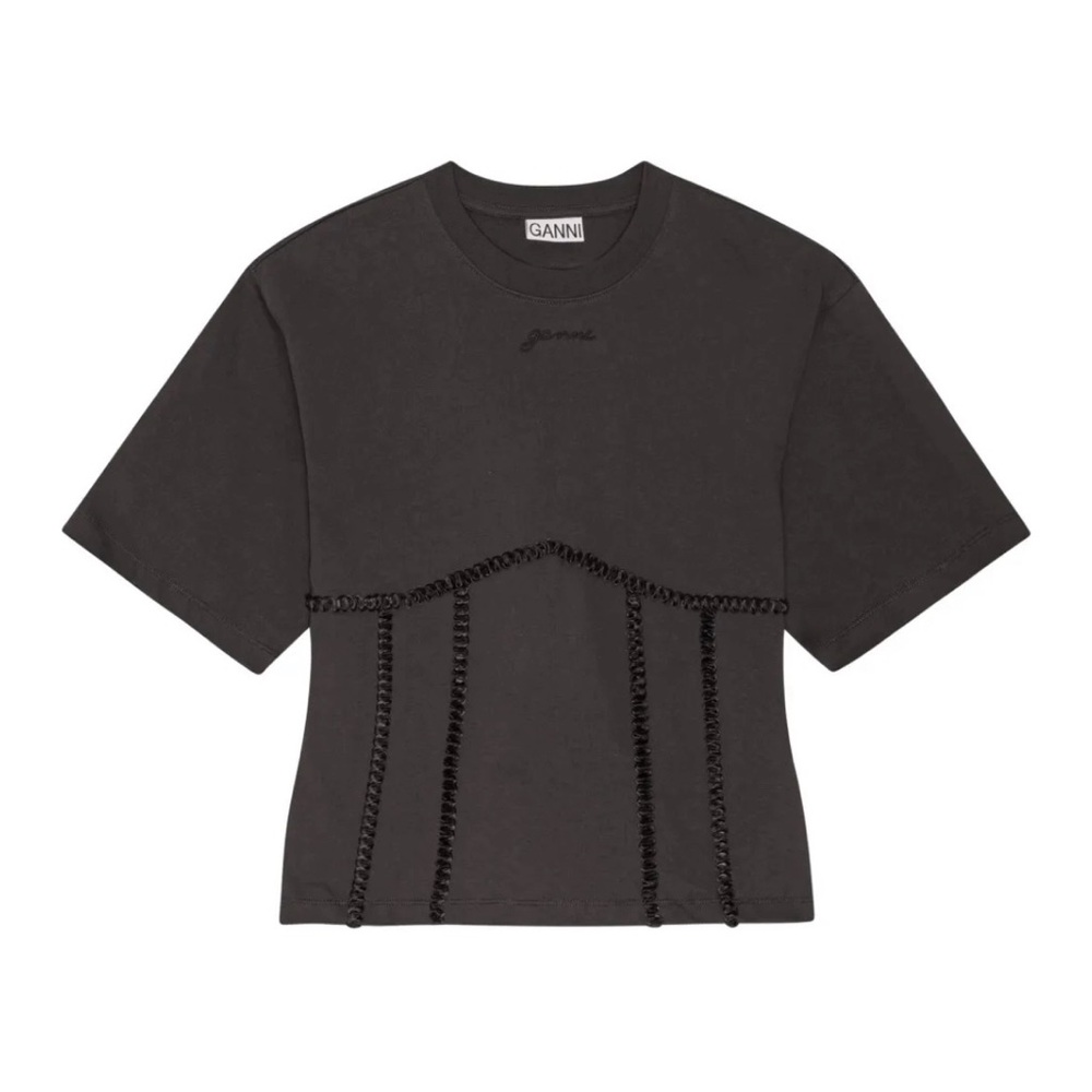 Ganni Black Cotton Tie Back T-shirt